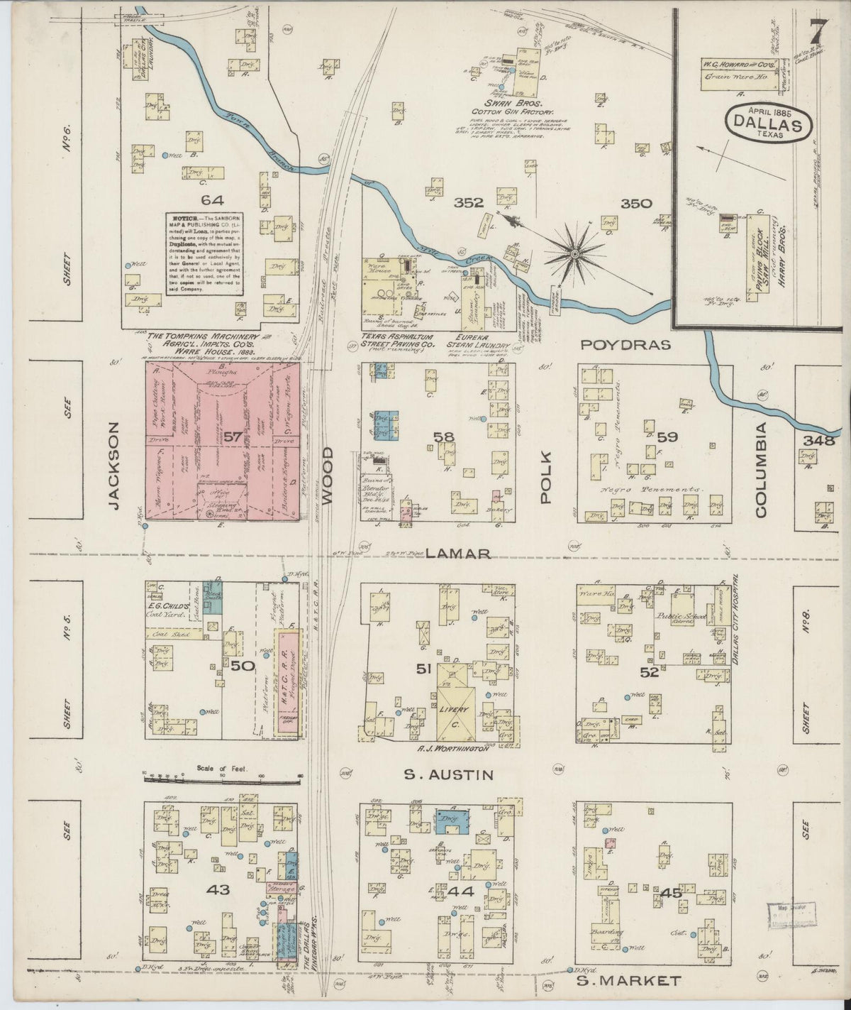 Sanborn Fire Insurance Map from Dallas, Dallas County, Texas (1885), Sheet #0007 - Complete Map Set gallery image, historic Sanborn map, vintage wall art, Texas Texas