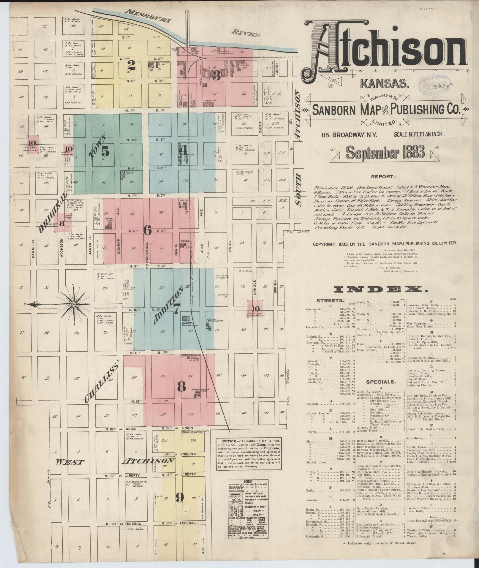 Sanborn Fire Insurance Map from Atchison, Atchison County, Kansas (1883), Sheet #0001 - Historic Sanborn Fire Insurance Map Print, vintage old map wall art, antique decor, genealogy gift, Kansas Kansas map