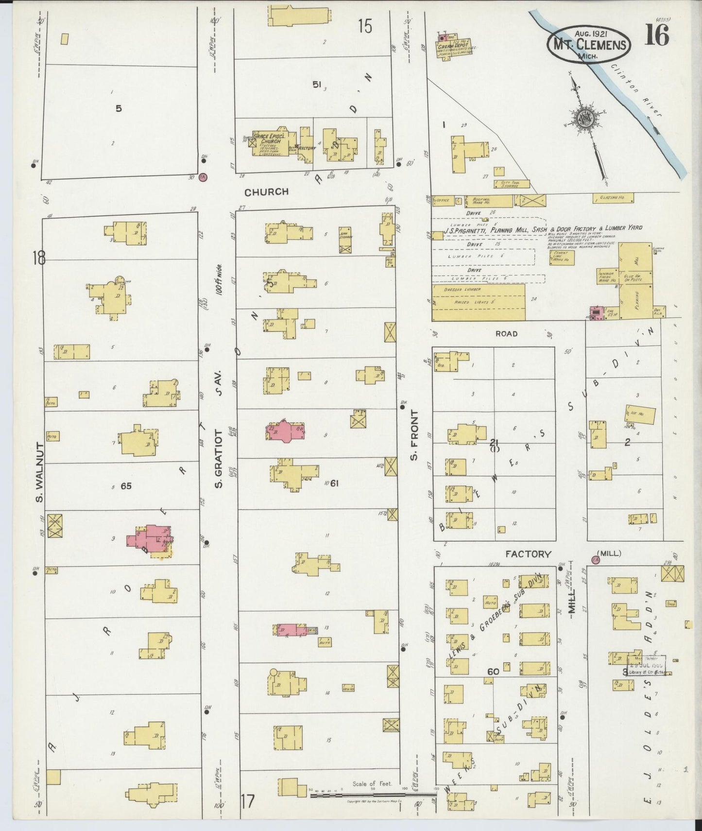 Sanborn Fire Insurance Map from Mount Clemens, Macomb County, Michigan (1921), Sheet #0016 - Historic Sanborn Fire Insurance Map Print, vintage old map wall art, antique decor, genealogy gift, Michigan Michigan map