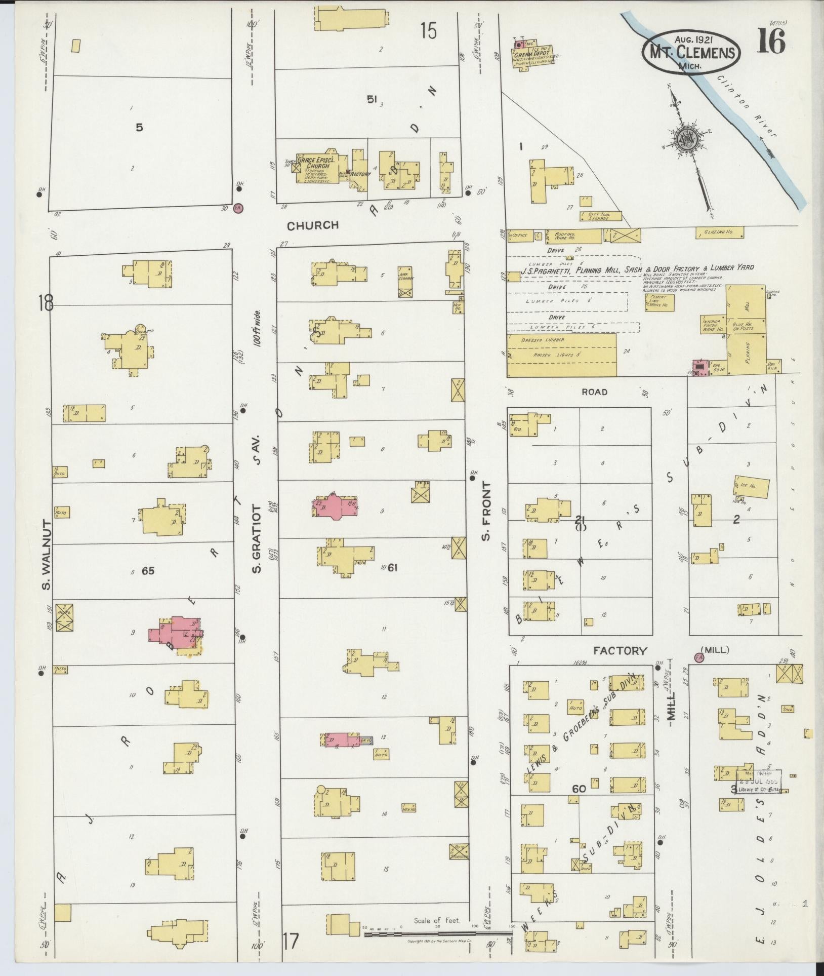 Sanborn Fire Insurance Map from Mount Clemens, Macomb County, Michigan (1921), Sheet #0016 - Historic Sanborn Fire Insurance Map Print, vintage old map wall art, antique decor, genealogy gift, Michigan Michigan map
