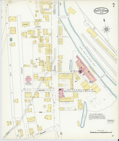 Sanborn Fire Insurance Map from North Adams, Berkshire County, Massachusetts (1908), Sheet #0007 - Historic Sanborn Fire Insurance Map Print, vintage old map wall art, antique decor, genealogy gift, Massachusetts Massachusetts map