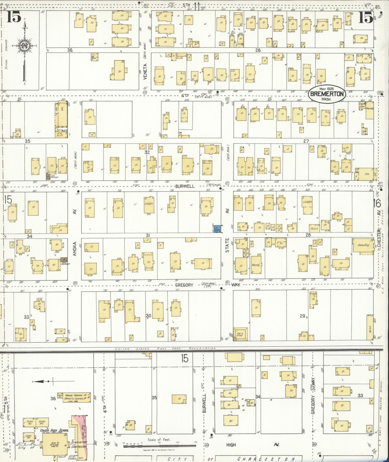 Sanborn Fire Insurance Map from Bremerton, Kitsap County, Washington (1925), Sheet #0015 - Complete Map Set gallery image, historic Sanborn map, vintage wall art, Washington Washington