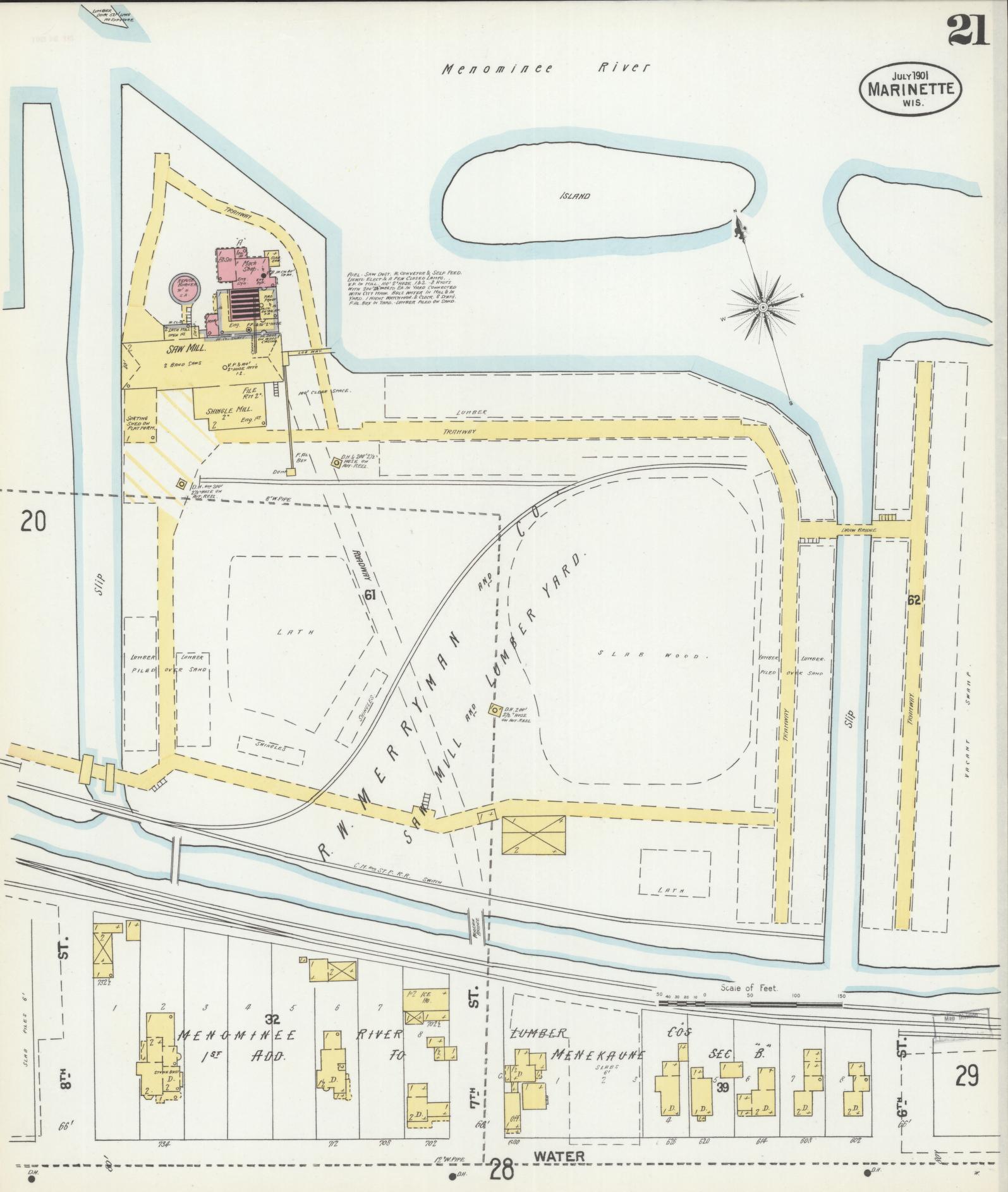 Sanborn Fire Insurance Map from Marinette, Marinette County, Wisconsin (1901), Sheet #0021 - Historic Sanborn Fire Insurance Map Print, vintage old map wall art, antique decor, genealogy gift, Wisconsin Wisconsin map
