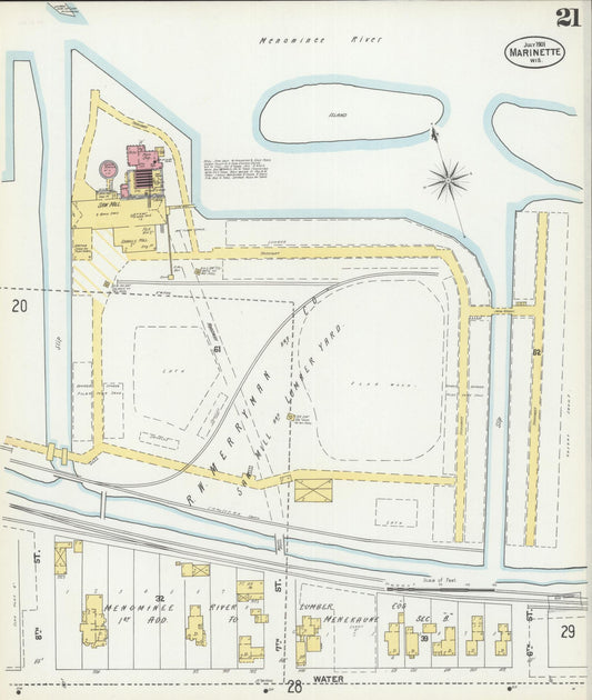 Sanborn Fire Insurance Map from Marinette, Marinette County, Wisconsin (1901), Sheet #0021 - Historic Sanborn Fire Insurance Map Print, vintage old map wall art, antique decor, genealogy gift, Wisconsin Wisconsin map