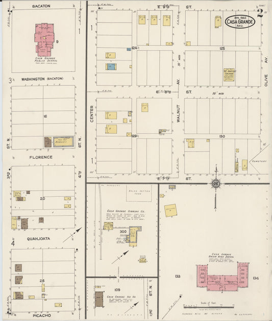 Sanborn Fire Insurance Map from Casa Grande, Pinal County, Arizona (1922), Sheet #0002 - Historic Sanborn Fire Insurance Map Print, vintage old map wall art, antique decor, genealogy gift, Arizona Arizona map