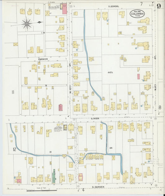 Sanborn Fire Insurance Map from Columbia, Maury County, Tennessee (1905), Sheet #0009 - Historic Sanborn Fire Insurance Map Print, vintage old map wall art, antique decor, genealogy gift, Tennessee Tennessee map