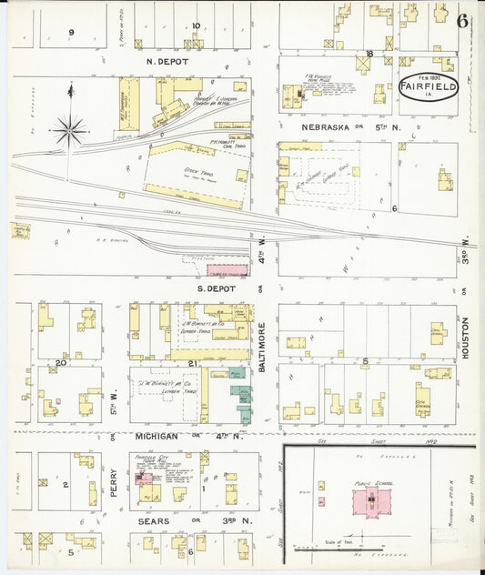 Sanborn Fire Insurance Map from Fairfield, Jefferson County, Iowa (1892), Sheet #0006 - Historic Sanborn Fire Insurance Map Print, vintage old map wall art