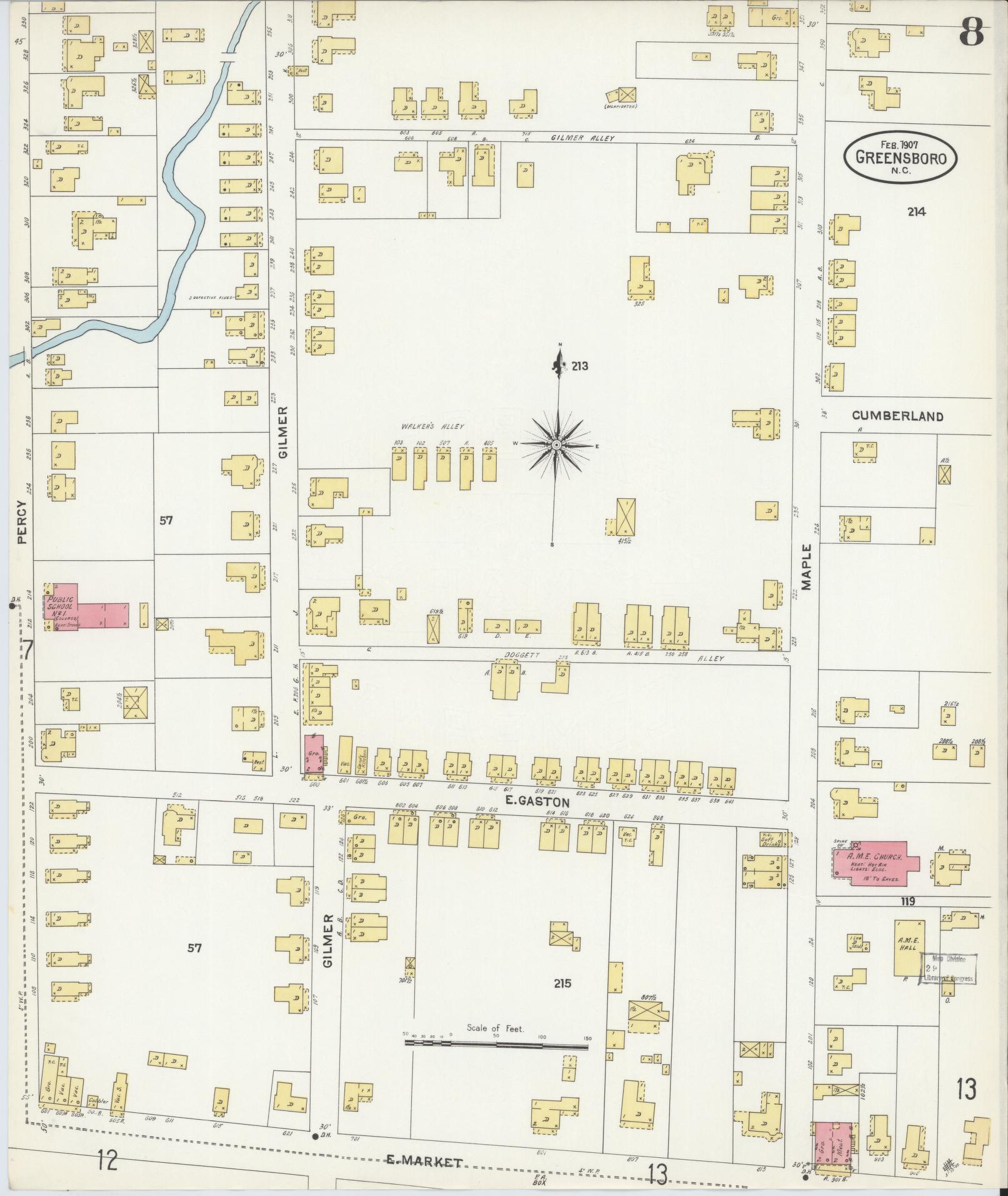 Sanborn Fire Insurance Map from Greensboro, Guilford County, North Carolina (1907), Sheet #0008 - Historic Sanborn Fire Insurance Map Print, vintage old map wall art, antique decor, genealogy gift, North Carolina North Carolina map