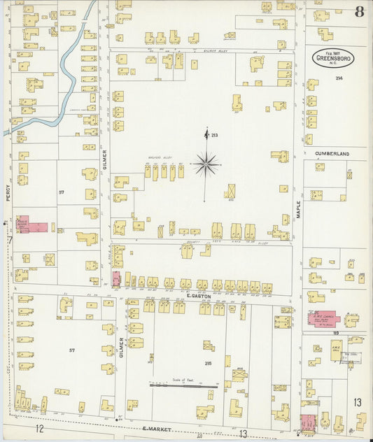 Sanborn Fire Insurance Map from Greensboro, Guilford County, North Carolina (1907), Sheet #0008 - Historic Sanborn Fire Insurance Map Print, vintage old map wall art, antique decor, genealogy gift, North Carolina North Carolina map