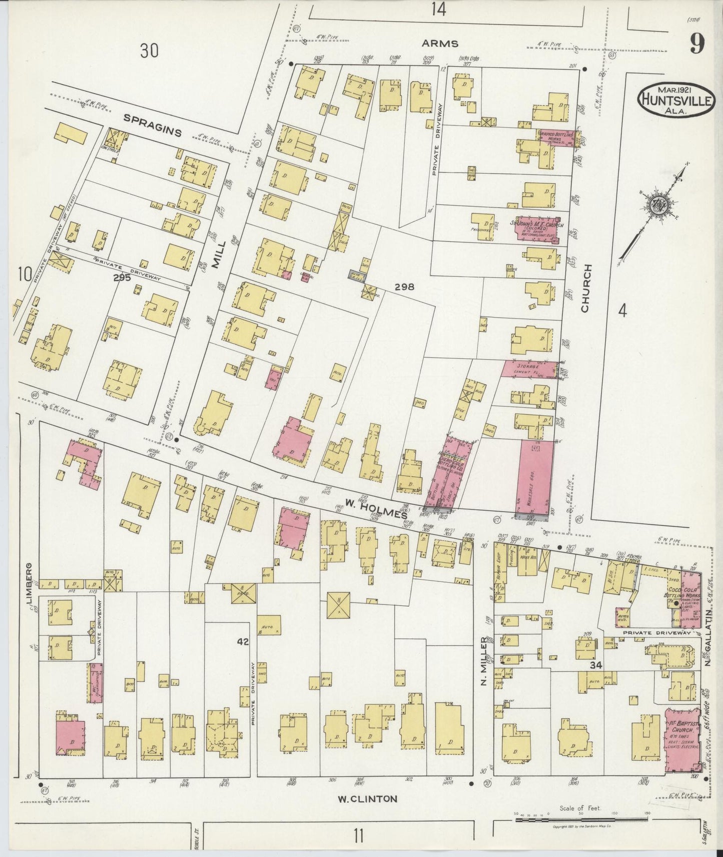 Sanborn Fire Insurance Map from Huntsville, Madison County, Alabama (1921), Sheet #0009 - Complete Map Set gallery image, historic Sanborn map, vintage wall art, Alabama Alabama