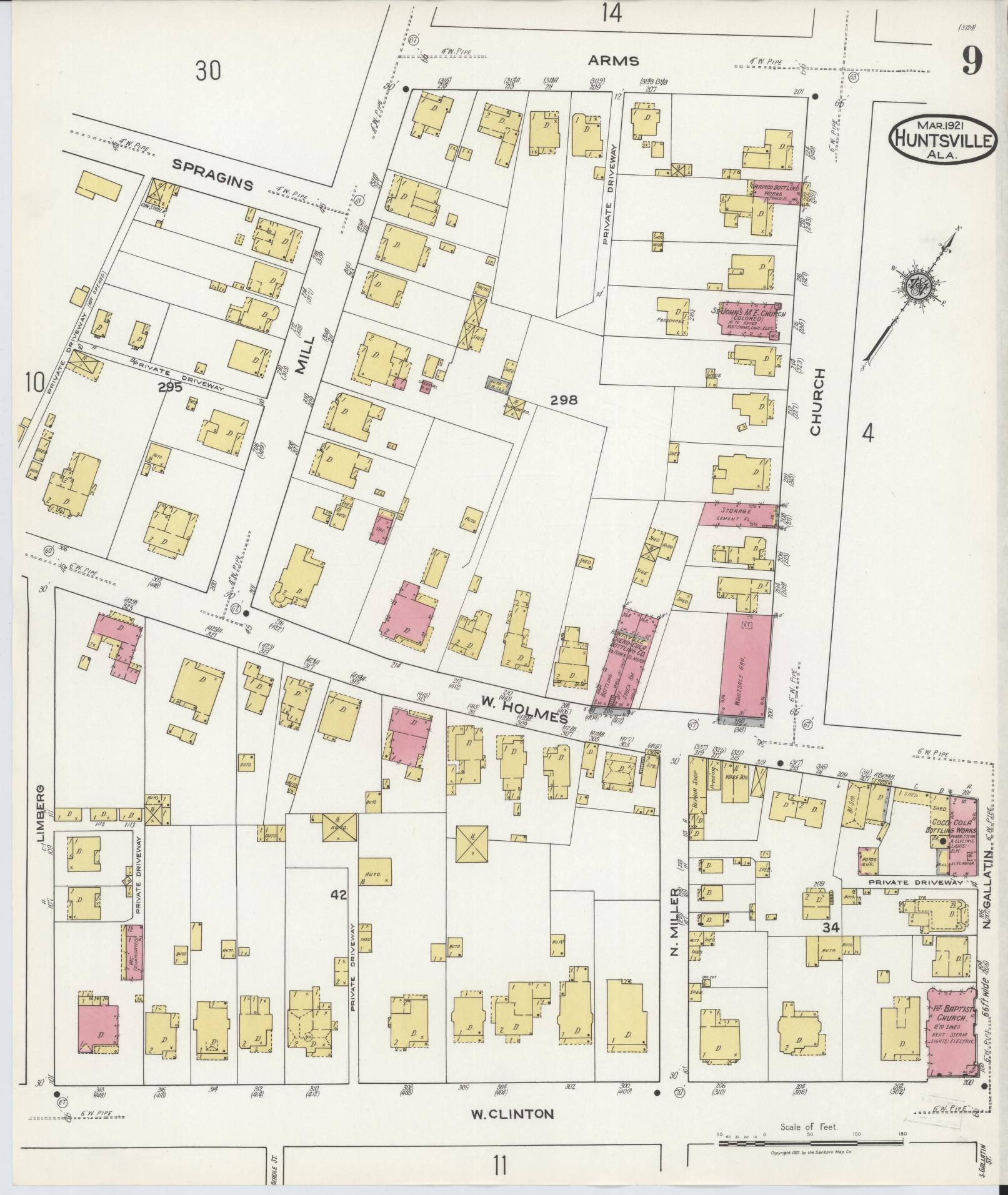 Sanborn Fire Insurance Map from Huntsville, Madison County, Alabama (1921), Sheet #0009 - Complete Map Set gallery image, historic Sanborn map, vintage wall art, Alabama Alabama