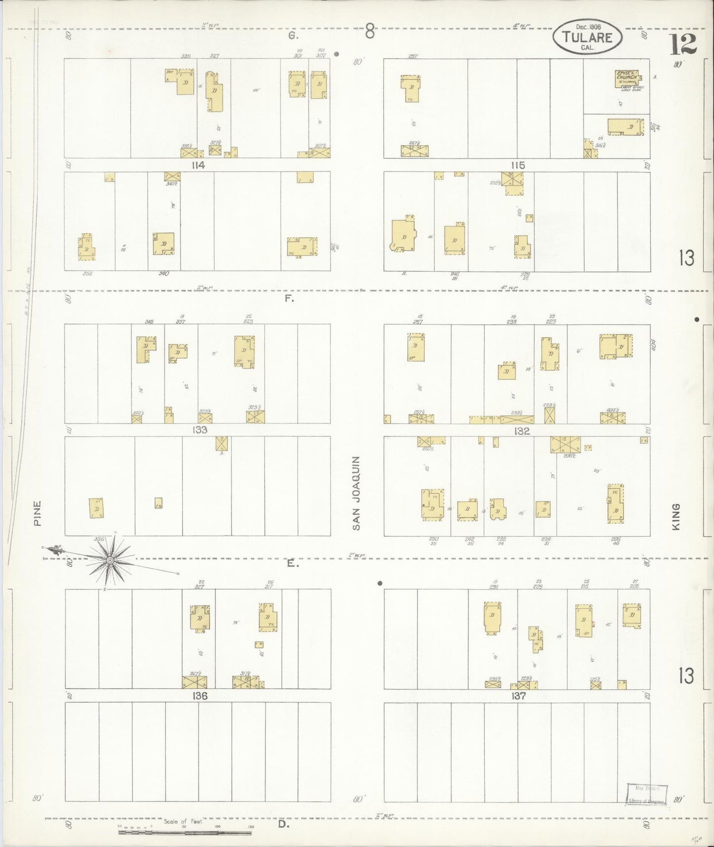 Sanborn Fire Insurance Map from Tulare, Tulare County, California (1906), Sheet #0012 - Complete Map Set gallery image, historic Sanborn map, vintage wall art, California California