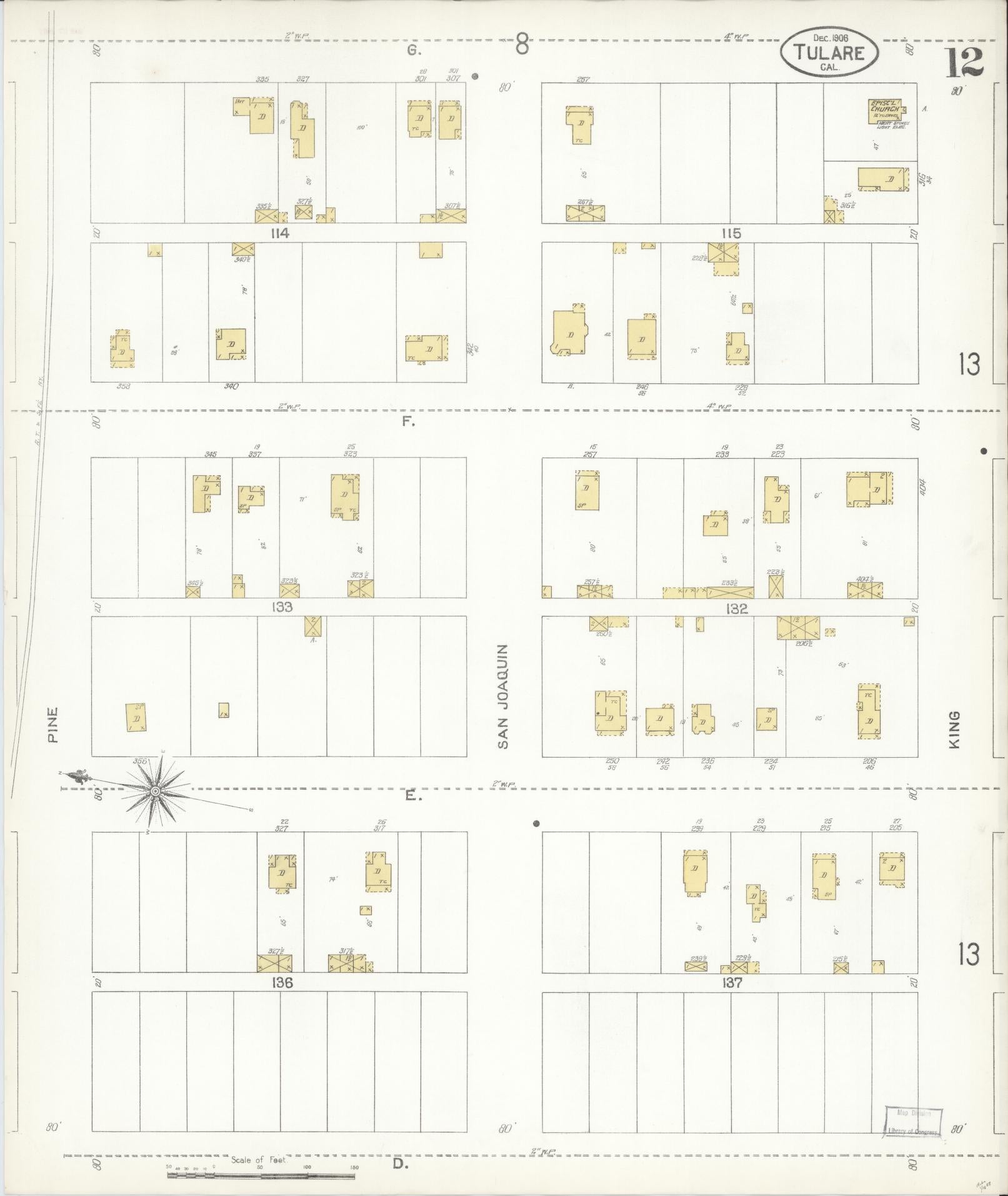 Sanborn Fire Insurance Map from Tulare, Tulare County, California (1906), Sheet #0012 - Complete Map Set gallery image, historic Sanborn map, vintage wall art, California California