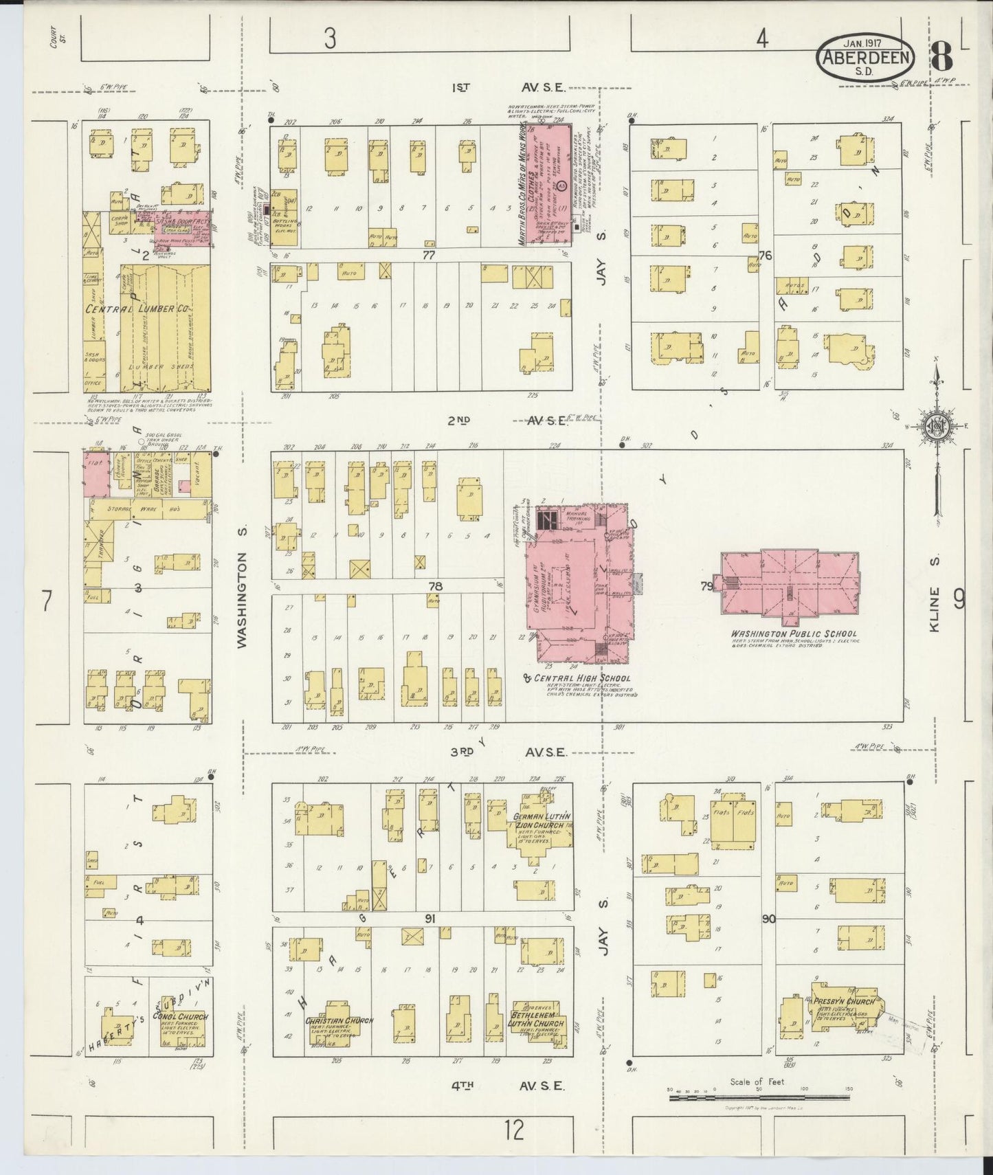 Sanborn Fire Insurance Map from Aberdeen, Brown County, South Dakota (1917), Sheet #0008 - Historic Sanborn Fire Insurance Map Print, vintage old map wall art, antique decor, genealogy gift, South Dakota South Dakota map
