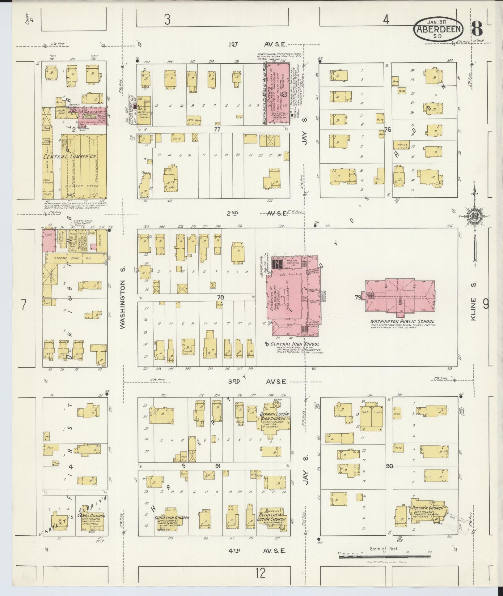 Sanborn Fire Insurance Map from Aberdeen, Brown County, South Dakota (1917), Sheet #0008 - Historic Sanborn Fire Insurance Map Print, vintage old map wall art, antique decor, genealogy gift, South Dakota South Dakota map