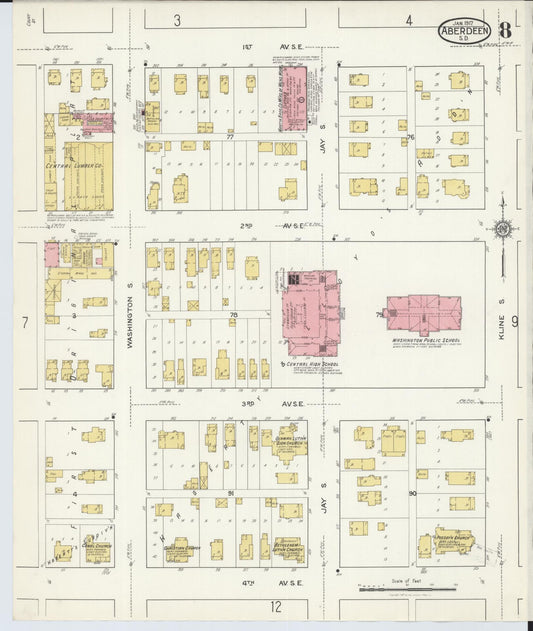 Sanborn Fire Insurance Map from Aberdeen, Brown County, South Dakota (1917), Sheet #0008 - Historic Sanborn Fire Insurance Map Print, vintage old map wall art, antique decor, genealogy gift, South Dakota South Dakota map