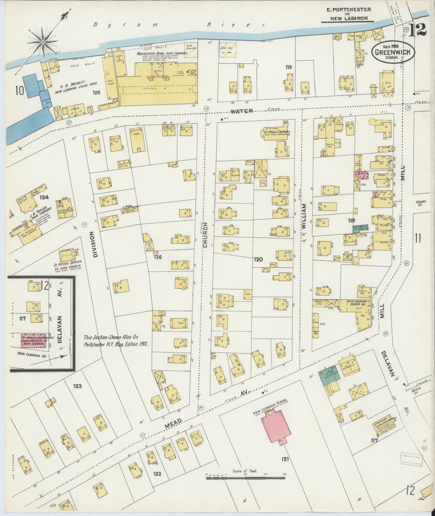 Sanborn Fire Insurance Map from Greenwich, Fairfield County, Connecticut (1906), Sheet #0012 - Complete Map Set gallery image, historic Sanborn map, vintage wall art, Connecticut Connecticut