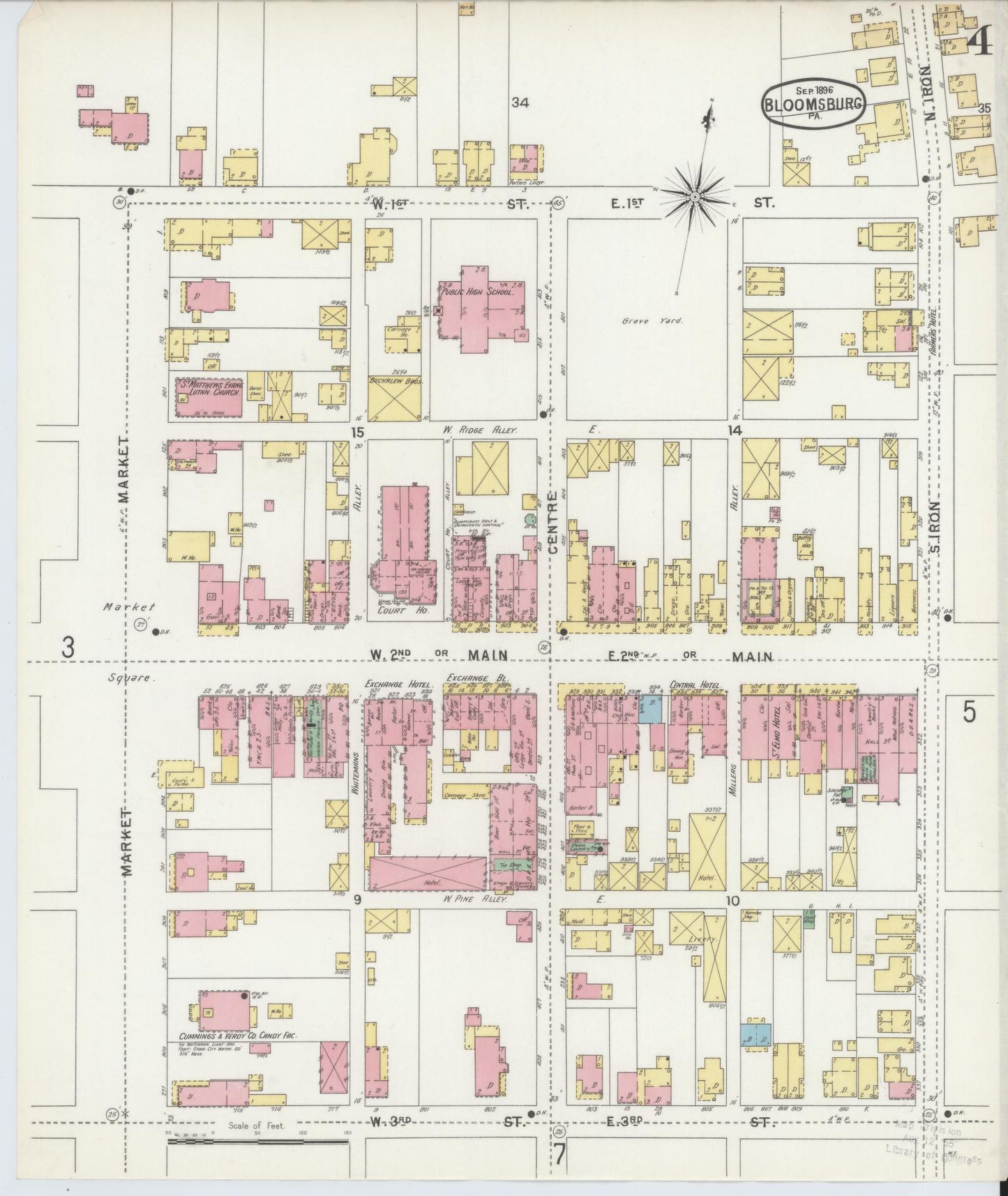 Sanborn Fire Insurance Map from Bloomsburg, Columbia County, Pennsylvania (1896), Sheet #0004 - Historic Sanborn Fire Insurance Map Print, vintage old map wall art, antique decor, genealogy gift, Pennsylvania Pennsylvania map