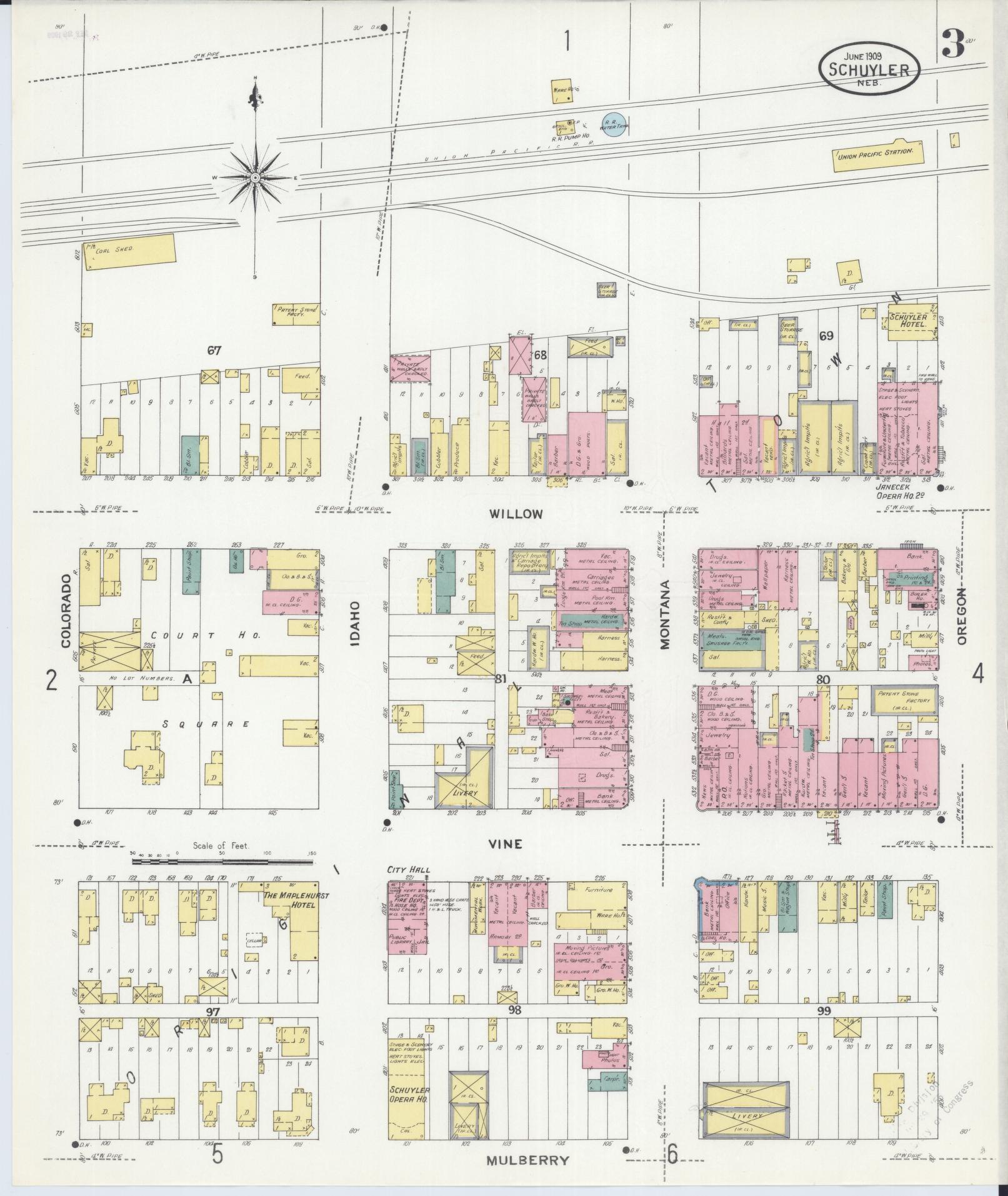 Sanborn Fire Insurance Map from Schuyler, Colfax County, Nebraska (1909), Sheet #0003 - Complete Map Set gallery image, historic Sanborn map, vintage wall art, Nebraska Nebraska
