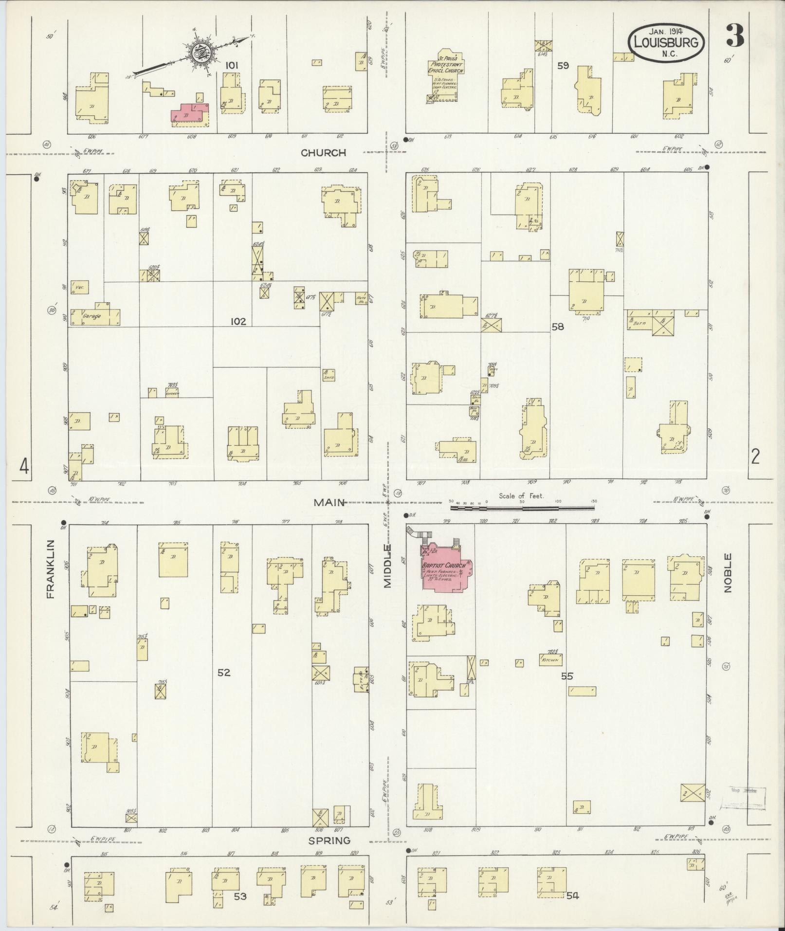 Sanborn Fire Insurance Map from Louisburg, Franklin County, North Carolina (1914), Sheet #0003 - Complete Map Set gallery image, historic Sanborn map, vintage wall art, North Carolina North Carolina