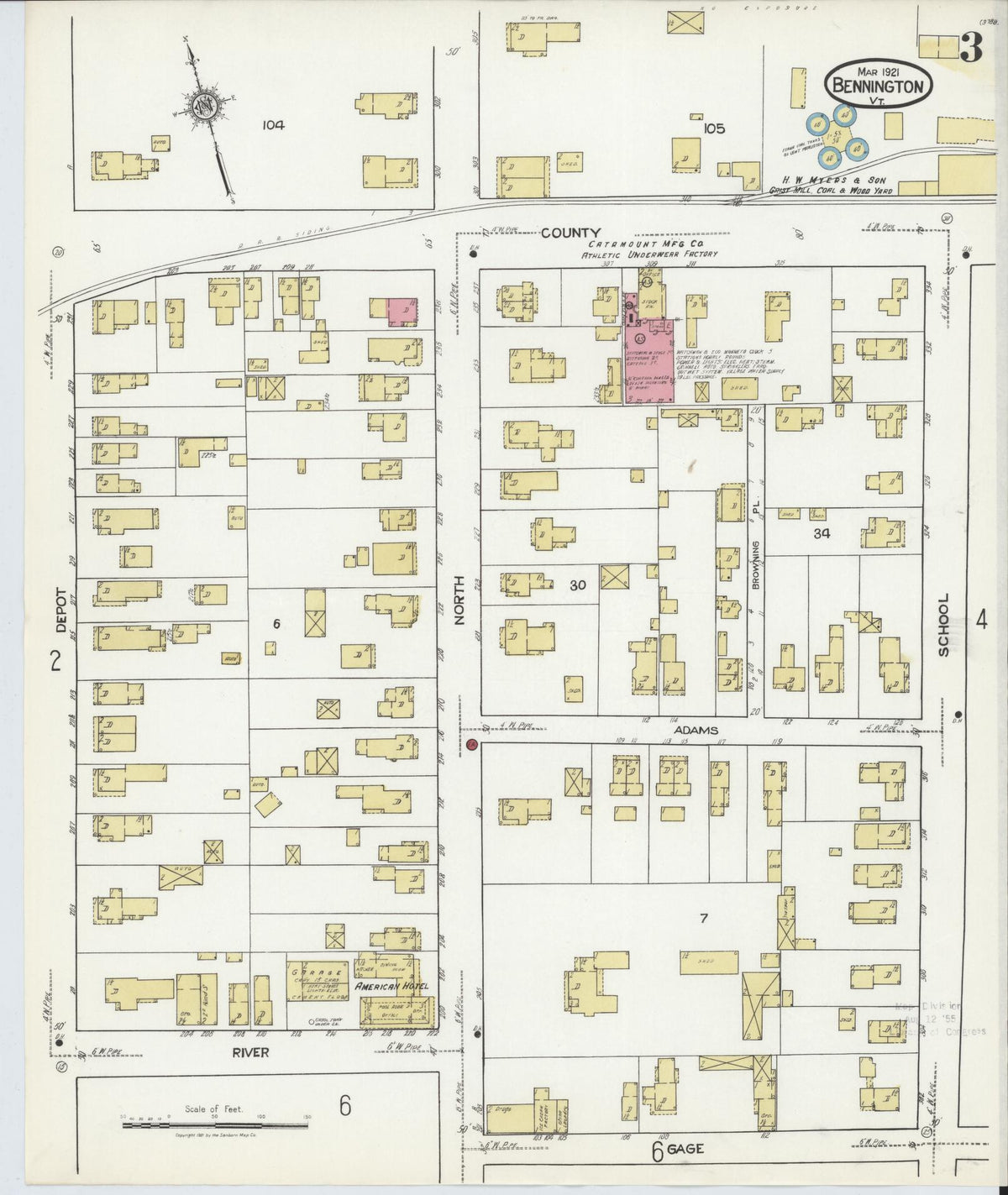 Sanborn Fire Insurance Map from Bennington, Bennington County, Vermont (1921), Sheet #0003 - Complete Map Set gallery image, historic Sanborn map, vintage wall art, Vermont Vermont