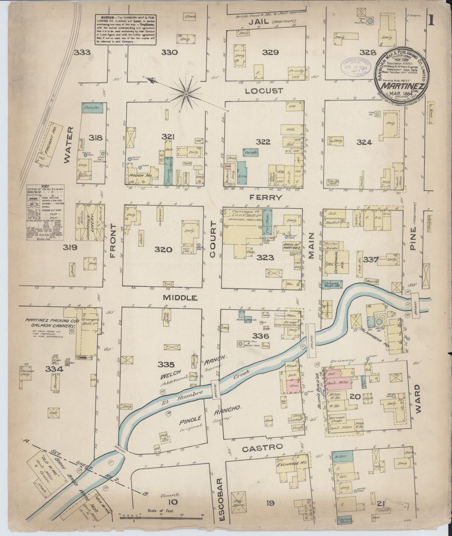 Sanborn Fire Insurance Map from Martinez, Contra Costa County, California (1884), Sheet #0001 - Historic Sanborn Fire Insurance Map Print, vintage old map wall art, antique decor, genealogy gift, California California map