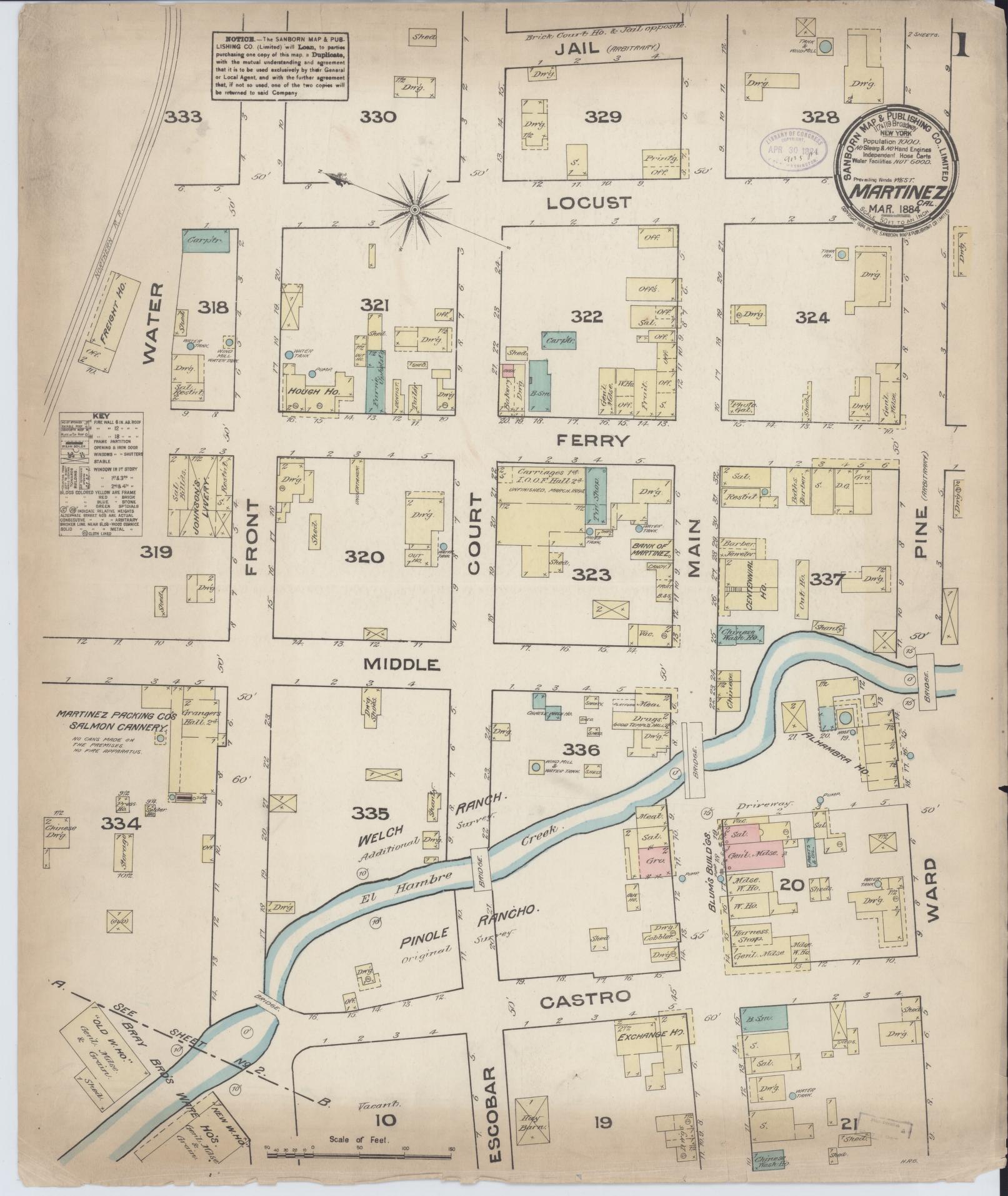 Sanborn Fire Insurance Map from Martinez, Contra Costa County, California (1884), Sheet #0001 - Historic Sanborn Fire Insurance Map Print, vintage old map wall art, antique decor, genealogy gift, California California map