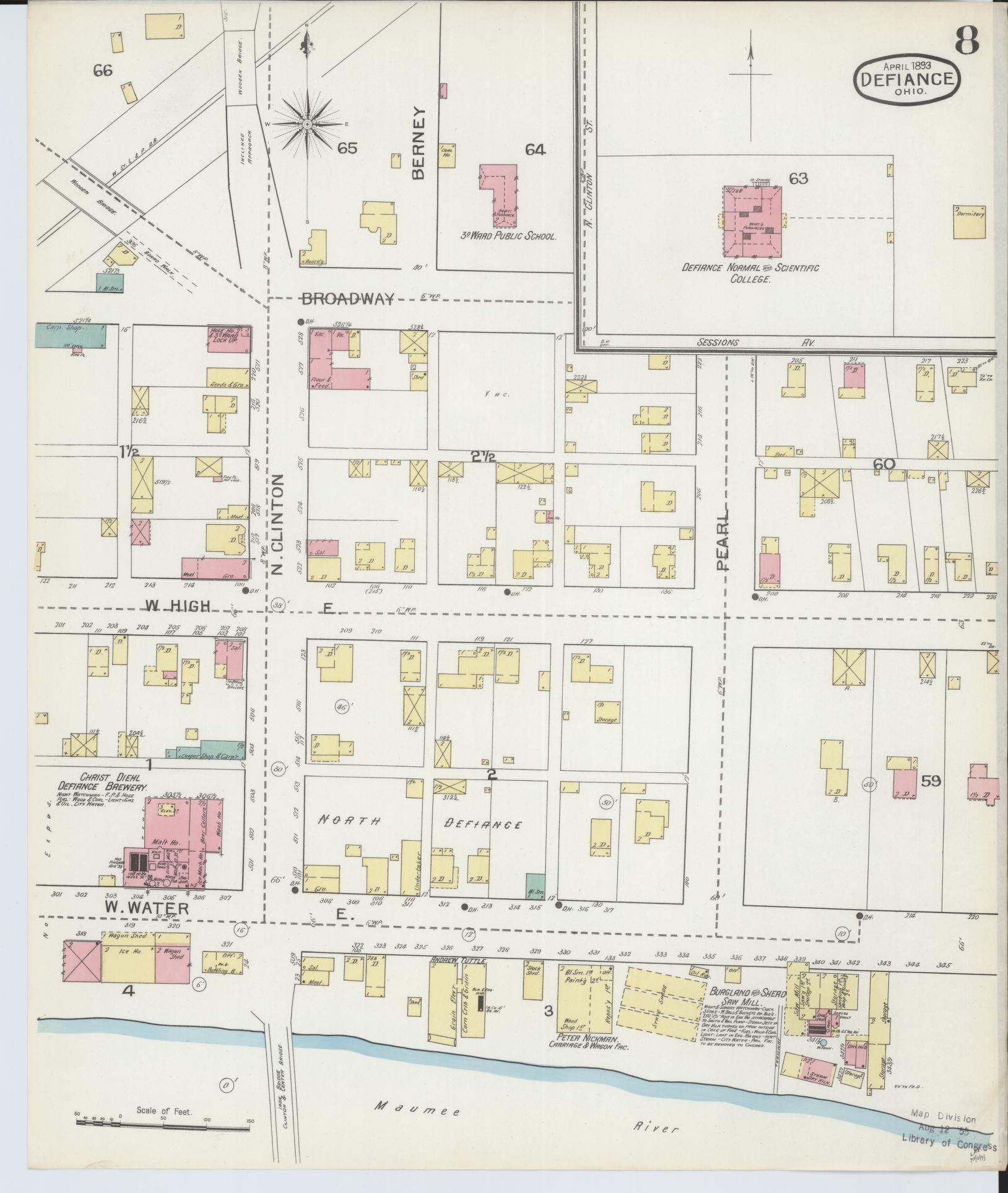 Sanborn Fire Insurance Map from Defiance, Defiance County, Ohio (1893), Sheet #0008 - Historic Sanborn Fire Insurance Map Print, vintage old map wall art, antique decor, genealogy gift, Ohio Ohio map