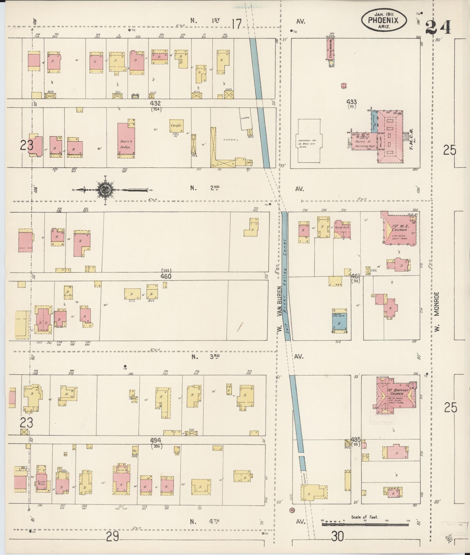 Sanborn Fire Insurance Map from Phoenix, Maricopa County, Arizona (1911), Sheet #0024 - Complete Map Set gallery image, historic Sanborn map, vintage wall art, Arizona Arizona