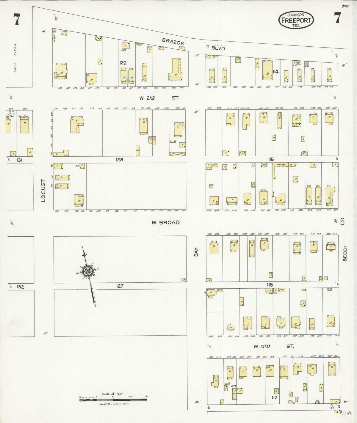 Sanborn Fire Insurance Map from Freeport, Brazoria County, Texas (1926), Sheet #0007 - Complete Map Set gallery image, historic Sanborn map, vintage wall art, Texas Texas