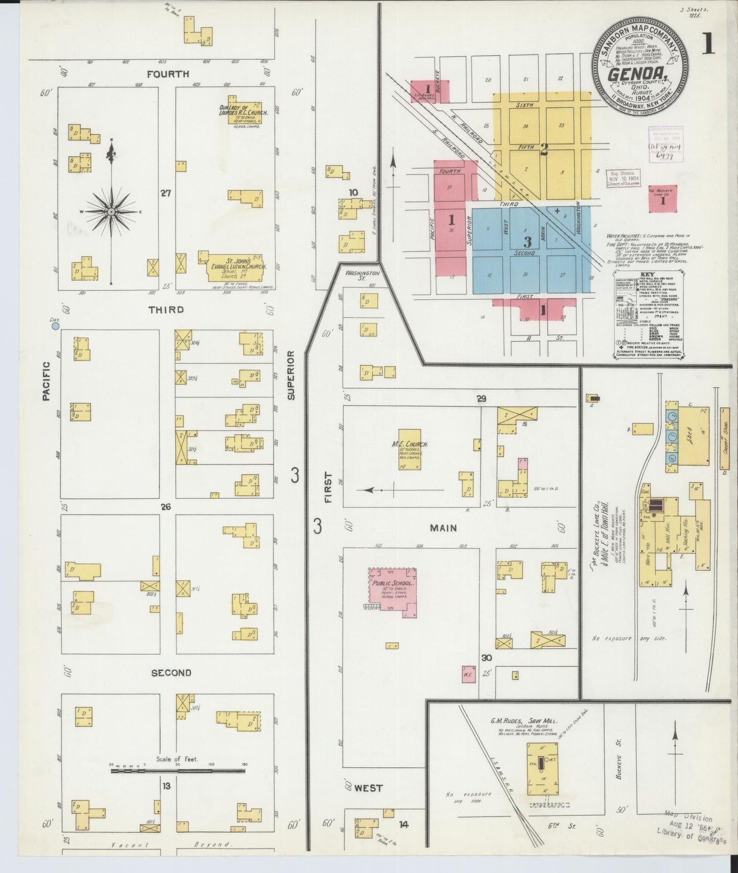 Sanborn Fire Insurance Map from Genoa, Ottawa County, Ohio (1904), Sheet #0001 - Historic Sanborn Fire Insurance Map Print, vintage old map wall art, antique decor, genealogy gift, Ohio Ohio map