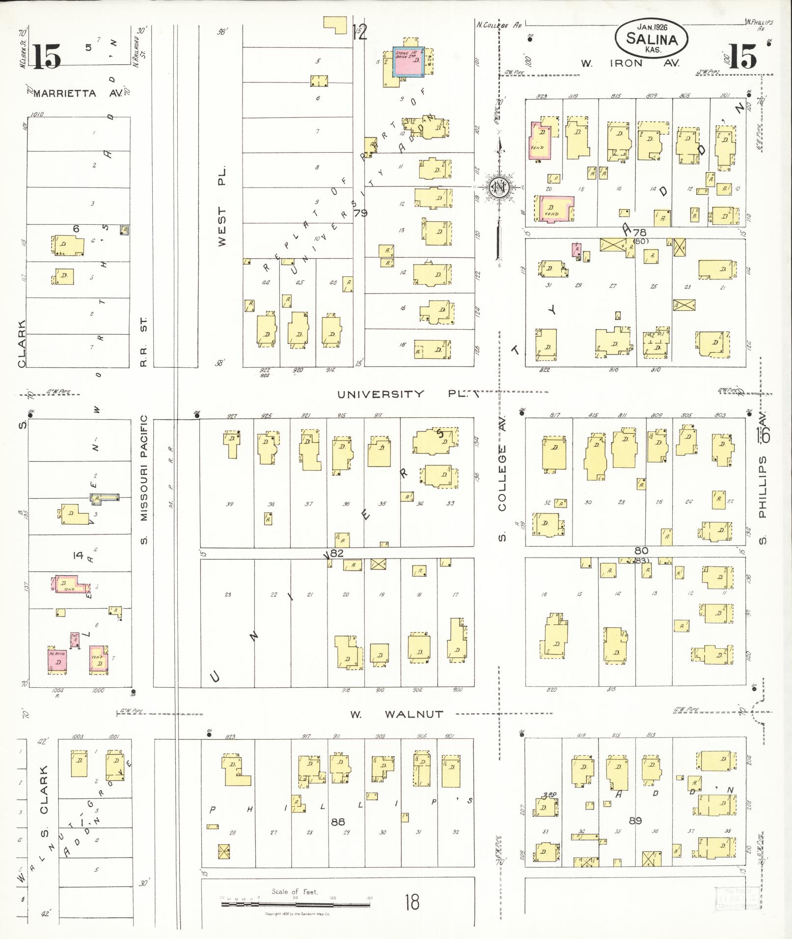 Sanborn Fire Insurance Map from Salina, Saline County, Kansas (1926), Sheet #0015 - Historic Sanborn Fire Insurance Map Print, vintage old map wall art, antique decor, genealogy gift, Kansas Kansas map