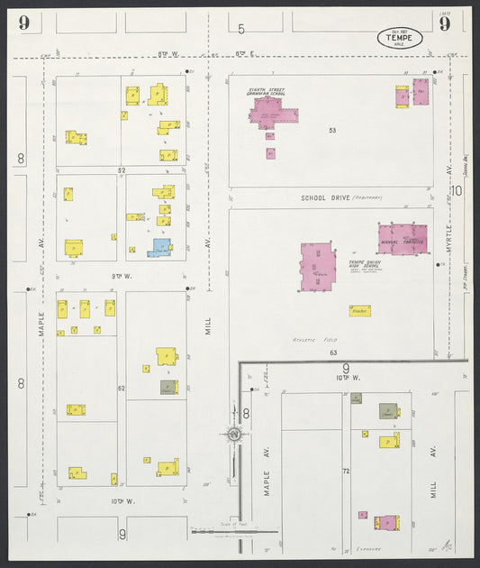 Sanborn Fire Insurance Map from Tempe, Maricopa County, Arizona (1927), Sheet #0009 - Historic Sanborn Fire Insurance Map Print, vintage old map wall art, antique decor, genealogy gift, Arizona Arizona map