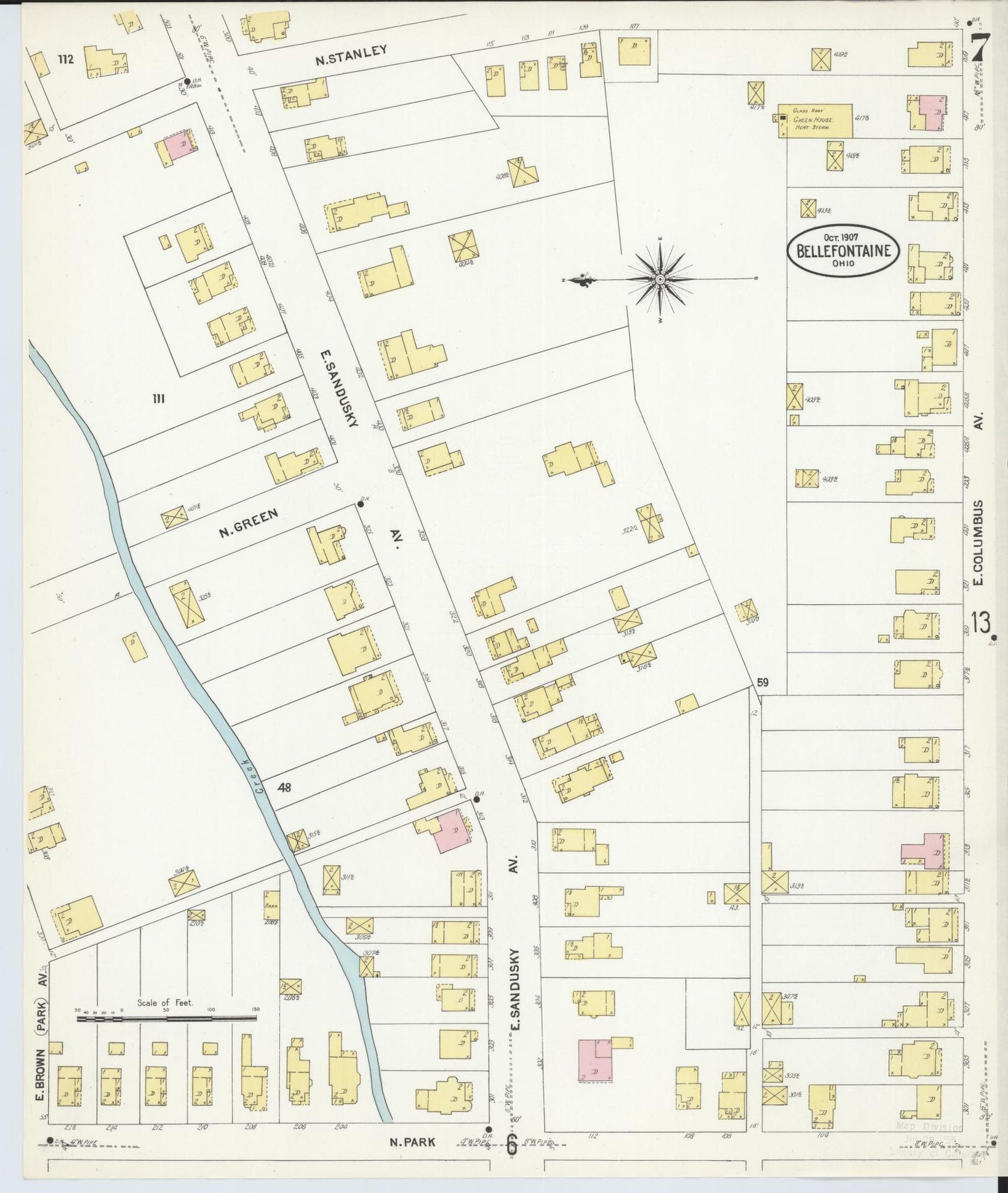 Sanborn Fire Insurance Map from Bellefontaine, Logan County, Ohio (1907), Sheet #0007 - Historic Sanborn Fire Insurance Map Print, vintage old map wall art, antique decor, genealogy gift, Ohio Ohio map