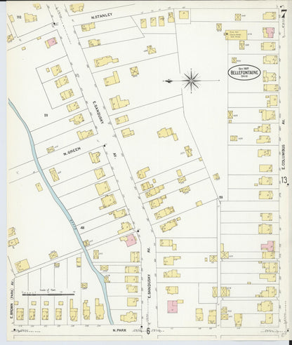 Sanborn Fire Insurance Map from Bellefontaine, Logan County, Ohio (1907), Sheet #0007 - Historic Sanborn Fire Insurance Map Print, vintage old map wall art, antique decor, genealogy gift, Ohio Ohio map