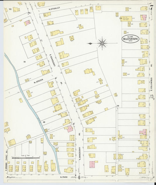 Sanborn Fire Insurance Map from Bellefontaine, Logan County, Ohio (1907), Sheet #0007 - Historic Sanborn Fire Insurance Map Print, vintage old map wall art, antique decor, genealogy gift, Ohio Ohio map