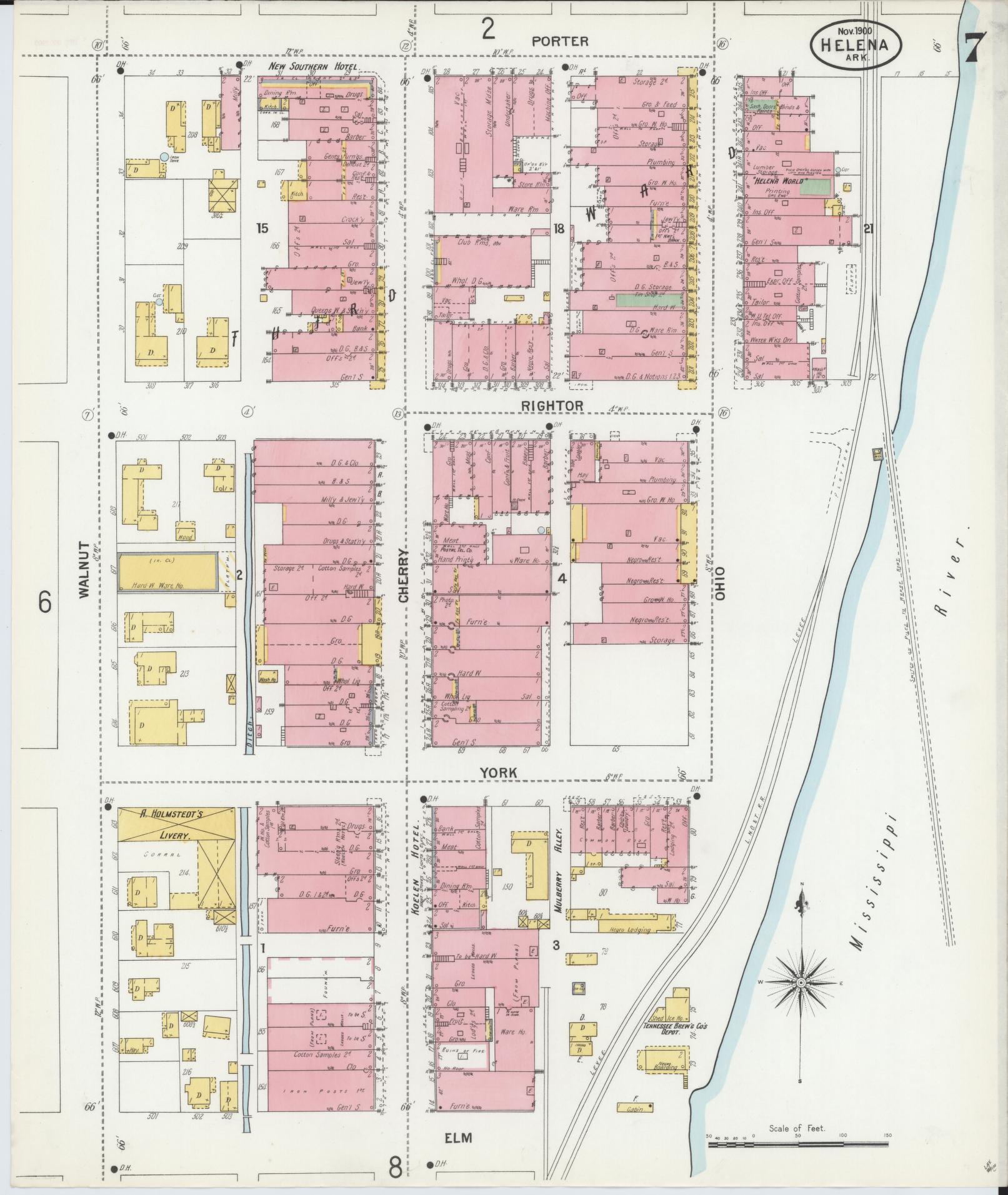 Sanborn Fire Insurance Map from Helena, Phillips County, Arkansas (1900), Sheet #0007 - Historic Sanborn Fire Insurance Map Print, vintage old map wall art, antique decor, genealogy gift, Arkansas Arkansas map