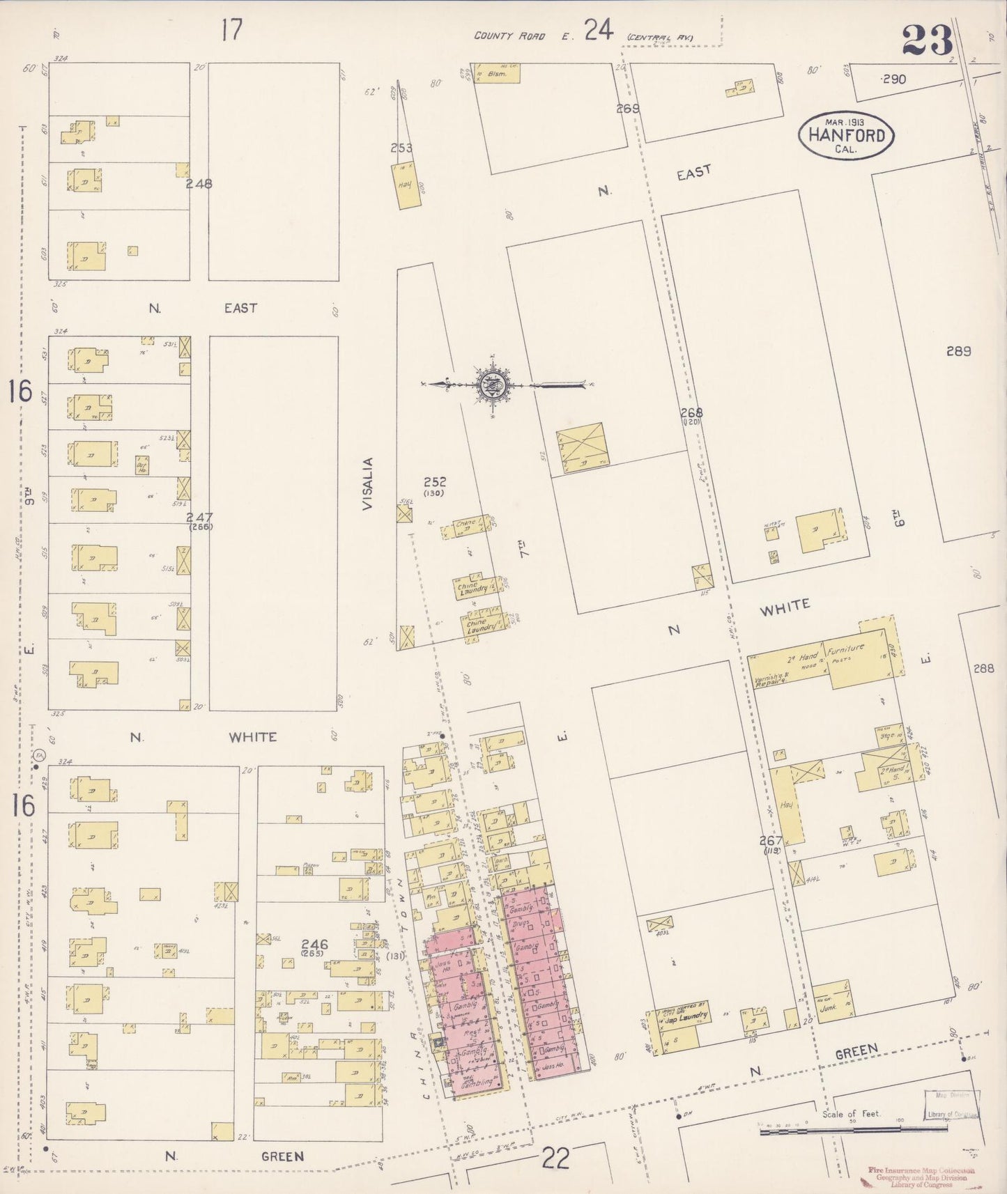 Sanborn Fire Insurance Map from Hanford, Kings County, California (1913), Sheet #0023 - Historic Sanborn Fire Insurance Map Print, vintage old map wall art, antique decor, genealogy gift, California California map