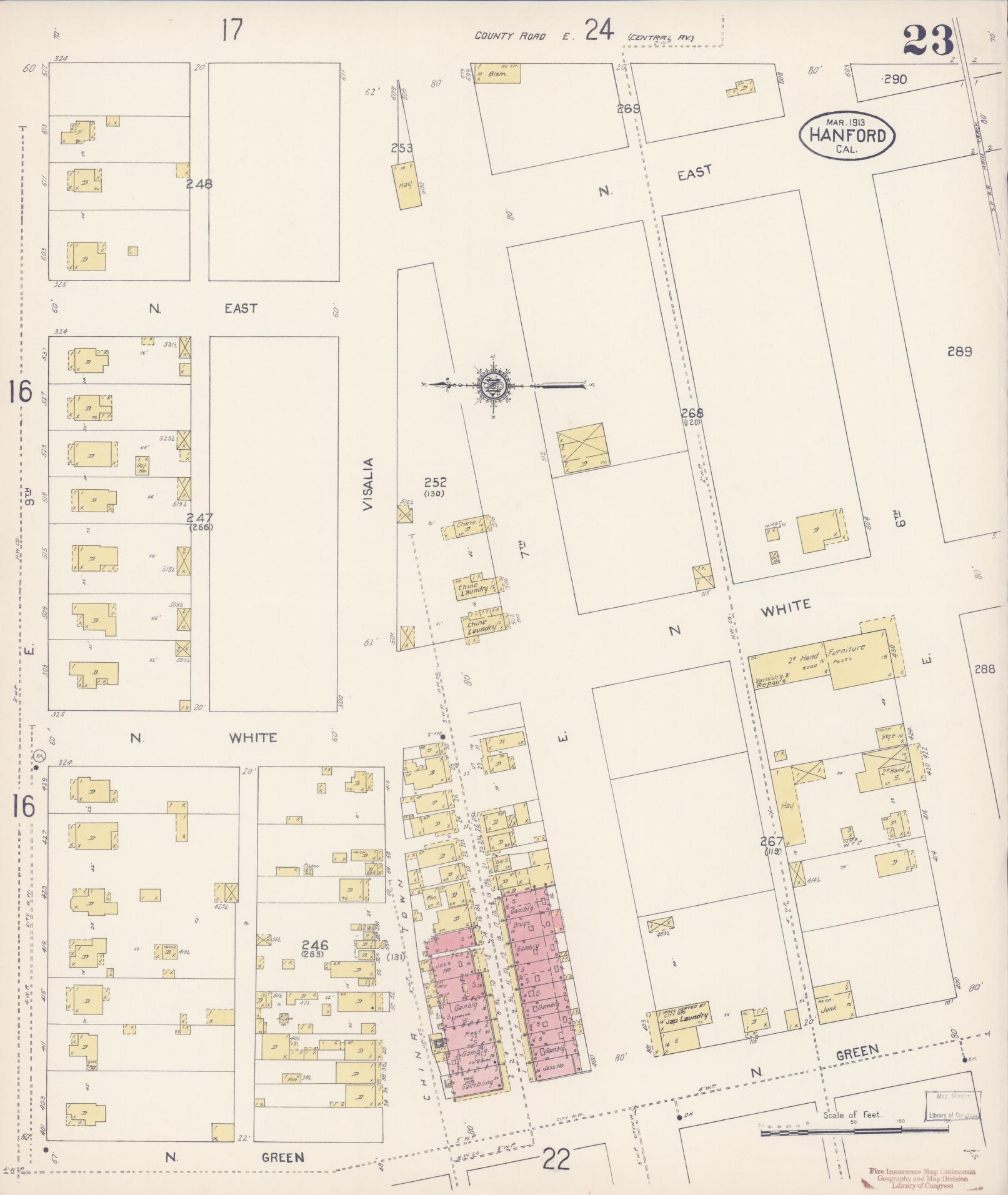 Sanborn Fire Insurance Map from Hanford, Kings County, California (1913), Sheet #0023 - Historic Sanborn Fire Insurance Map Print, vintage old map wall art, antique decor, genealogy gift, California California map