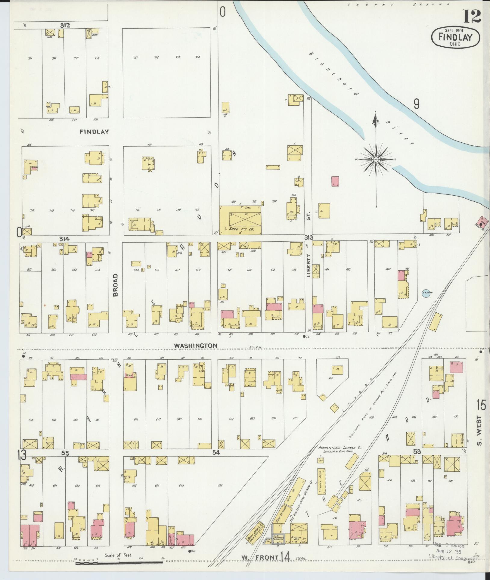 Sanborn Fire Insurance Map from Findlay, Hancock County, Ohio (1901), Sheet #0012 - Historic Sanborn Fire Insurance Map Print, vintage old map wall art, antique decor, genealogy gift, Ohio Ohio map