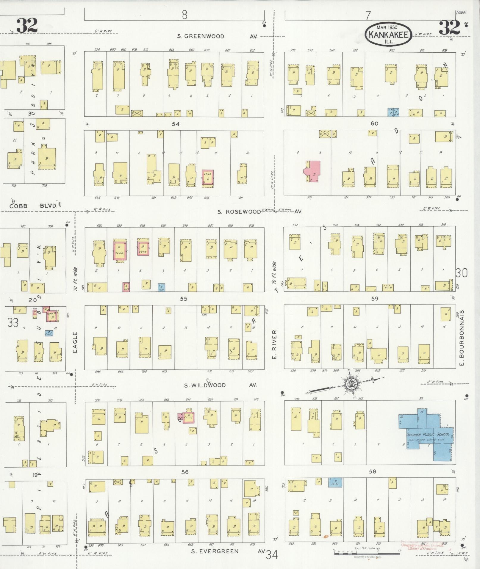 Sanborn Fire Insurance Map from Kankakee, Kankakee County, Illinois (1930), Sheet #0032 - Historic Sanborn Fire Insurance Map Print, vintage old map wall art, antique decor, genealogy gift, Illinois Illinois map