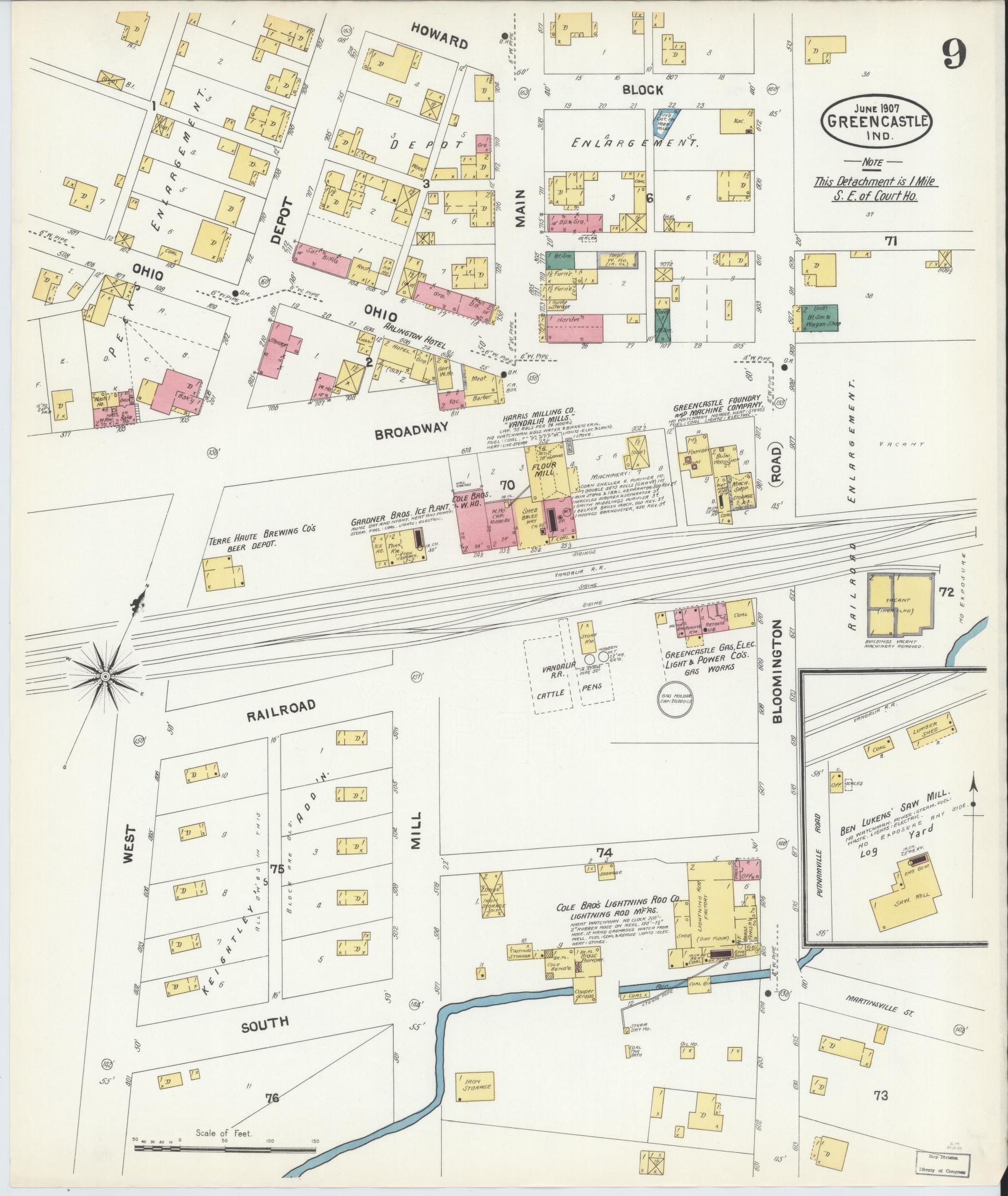 Sanborn Fire Insurance Map from Greencastle, Putnam County, Indiana (1907), Sheet #0009 - Complete Map Set gallery image, historic Sanborn map, vintage wall art, Indiana Indiana