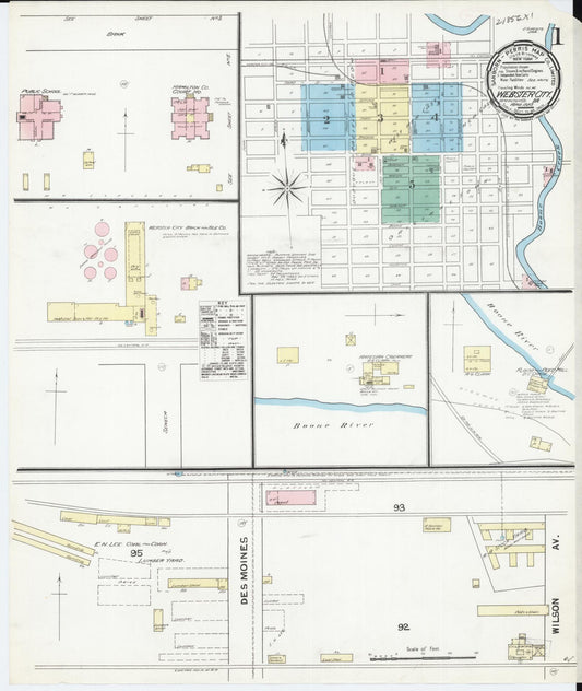 Sanborn Fire Insurance Map from Webster City, Hamilton County, Iowa (1892), Sheet #0001 - Historic Sanborn Fire Insurance Map Print, vintage old map wall art