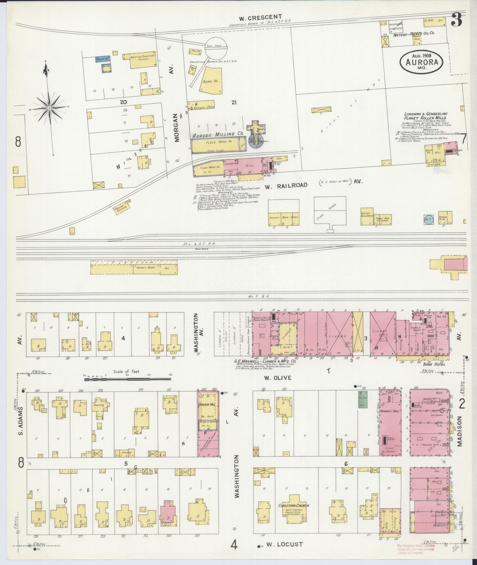 Sanborn Fire Insurance Map from Aurora, Lawrence County, Missouri (1908), Sheet #0003 - Historic Sanborn Fire Insurance Map Print, vintage old map wall art, antique decor, genealogy gift, Missouri Missouri map