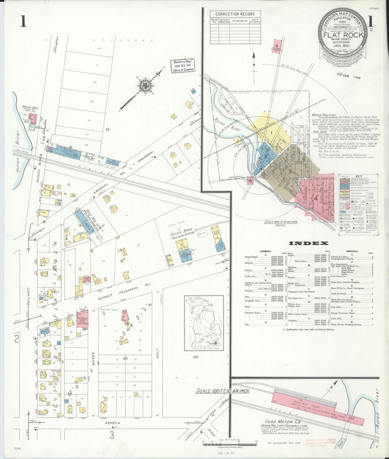 Sanborn Fire Insurance Map from Flat Rock, Wayne County, Michigan (1941), Sheet #0001 - Historic Sanborn Fire Insurance Map Print, vintage old map wall art, antique decor, genealogy gift, Michigan Michigan map
