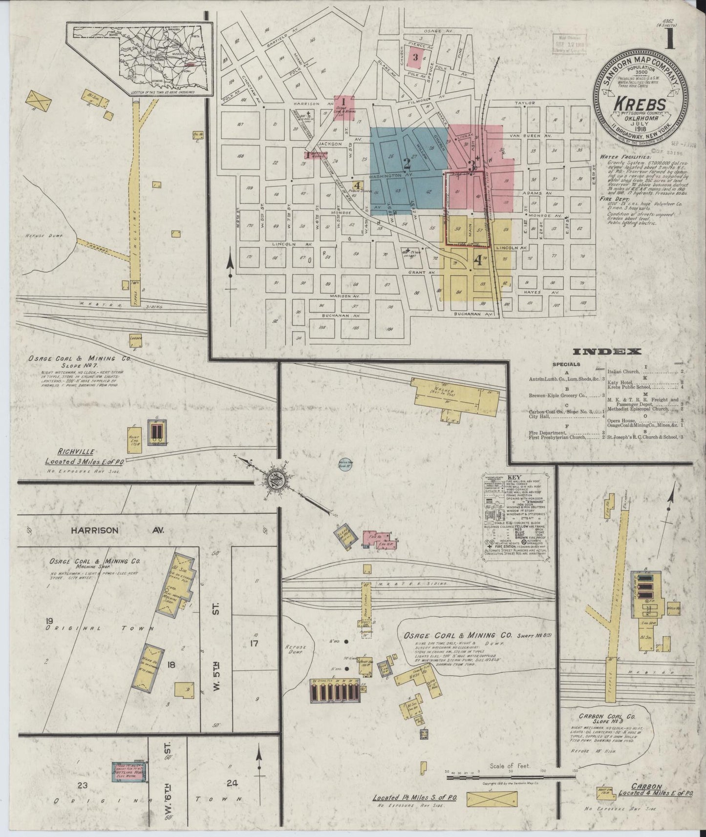 Sanborn Fire Insurance Map from Krebs, Pittsburg County, Oklahoma (1918), Sheet #0001 - Historic Sanborn Fire Insurance Map Print, vintage old map wall art, antique decor, genealogy gift, Oklahoma Oklahoma map