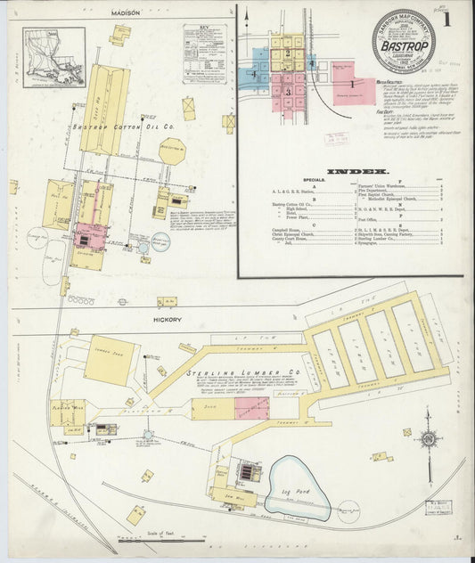 Sanborn Fire Insurance Map from Bastrop, Morehouse Parish, Louisiana (1912), Sheet #0001 - Complete Map Set gallery image, historic Sanborn map, vintage wall art, Louisiana Louisiana