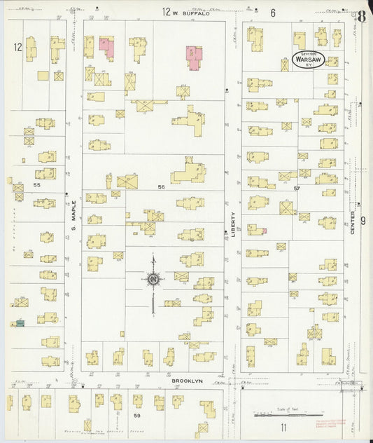Sanborn Fire Insurance Map from Warsaw, Wyoming County, New York (1909), Sheet #0008 - Historic Sanborn Fire Insurance Map Print, vintage old map wall art, antique decor, genealogy gift, New York New York map