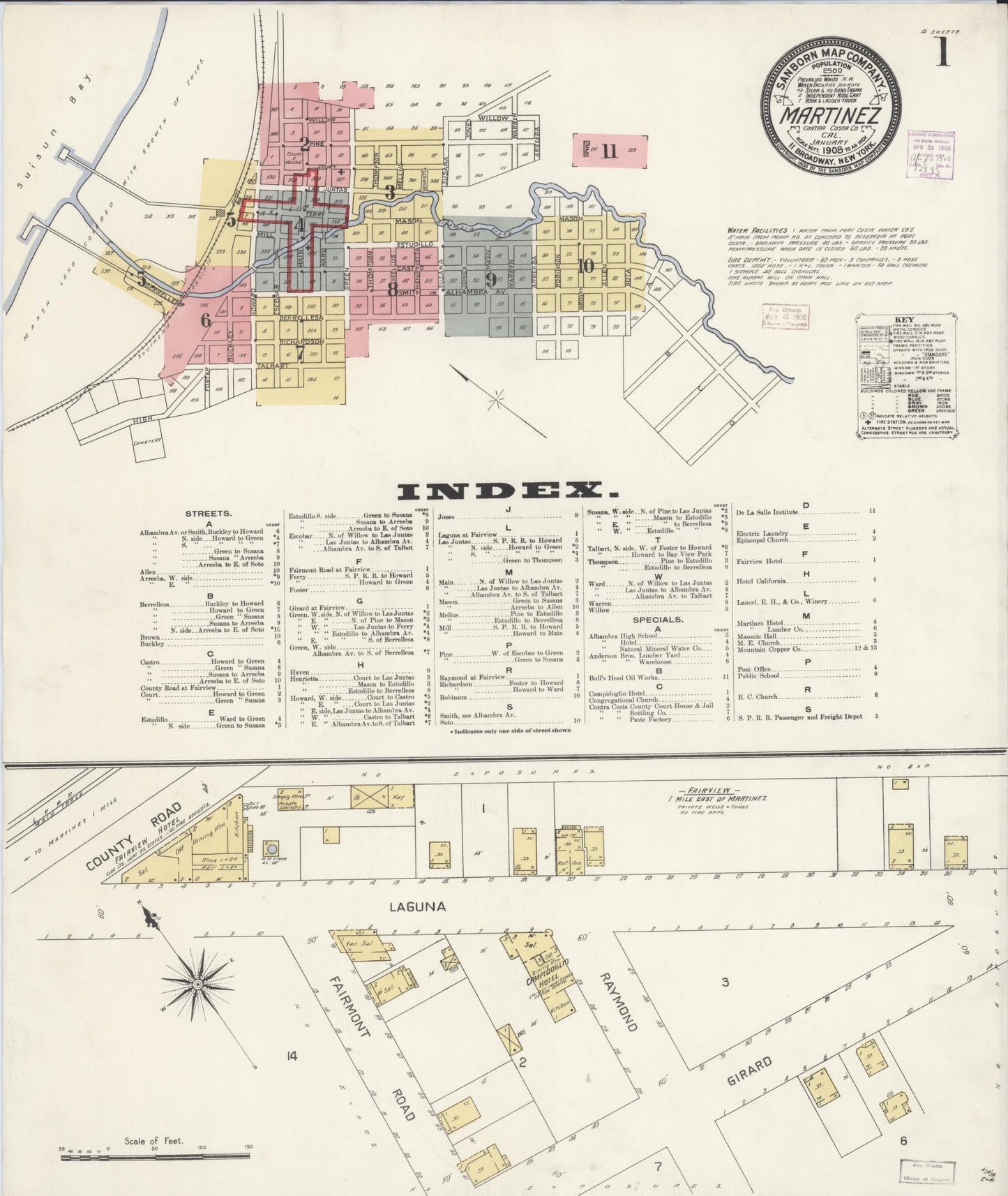 Sanborn Fire Insurance Map from Martinez, Contra Costa County, California (1908), Sheet #0001 - Historic Sanborn Fire Insurance Map Print, vintage old map wall art, antique decor, genealogy gift, California California map