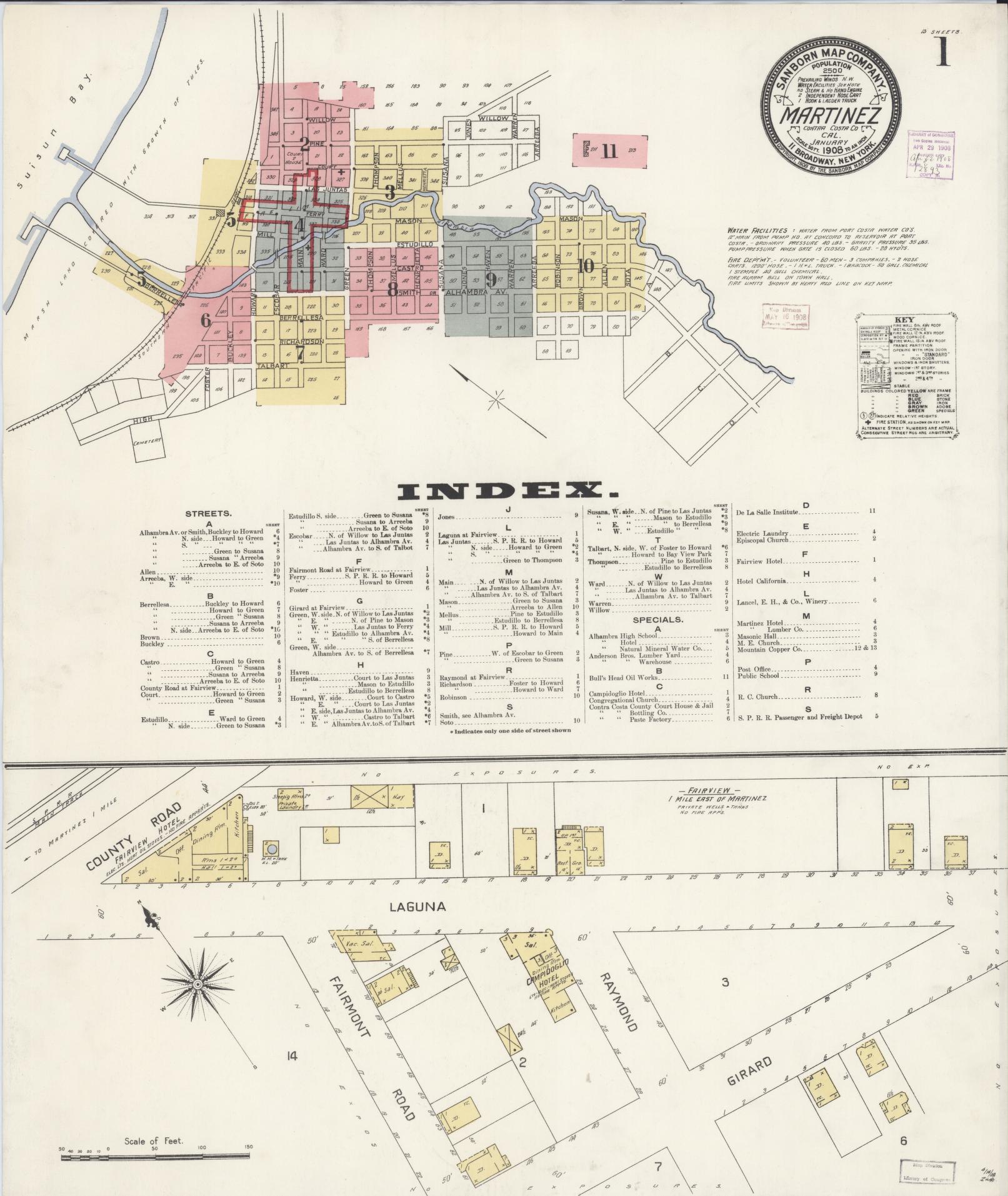 Sanborn Fire Insurance Map from Martinez, Contra Costa County, California (1908), Sheet #0001 - Historic Sanborn Fire Insurance Map Print, vintage old map wall art, antique decor, genealogy gift, California California map